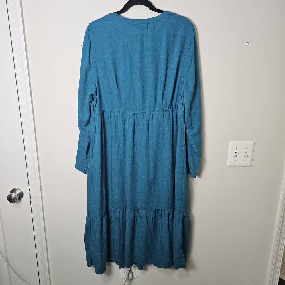 J. Jill Dress Large Teal Blue Linen Blend Tiered Pin Tuck Pleated Midi Boho - Picture 2 of 10